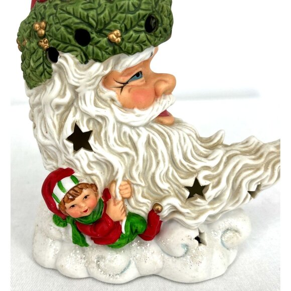 Santa Claus Tealight Holder Ceramic Holiday Christmas Moon Elves 9" Vintage - Picture 3 of 9